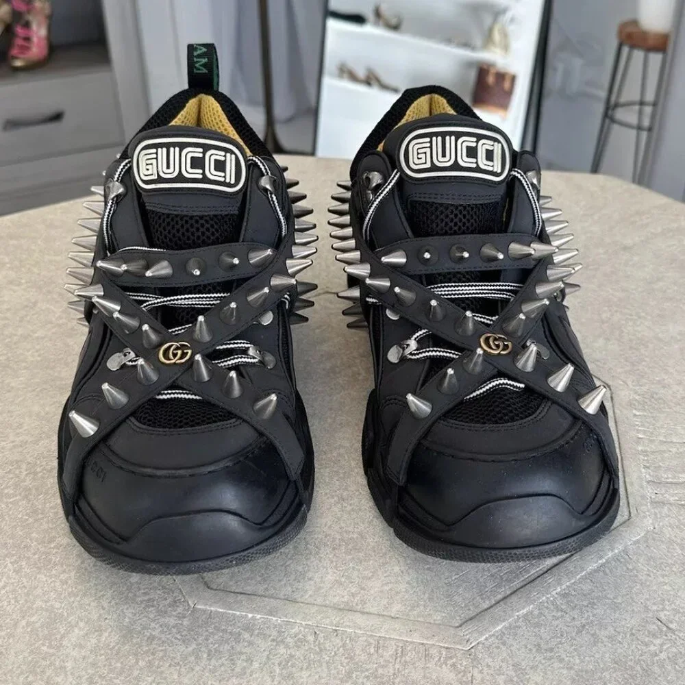 GUCCI Size 8.5 Black Flashtrek Spikes Canvas Leather Trim Sneakers